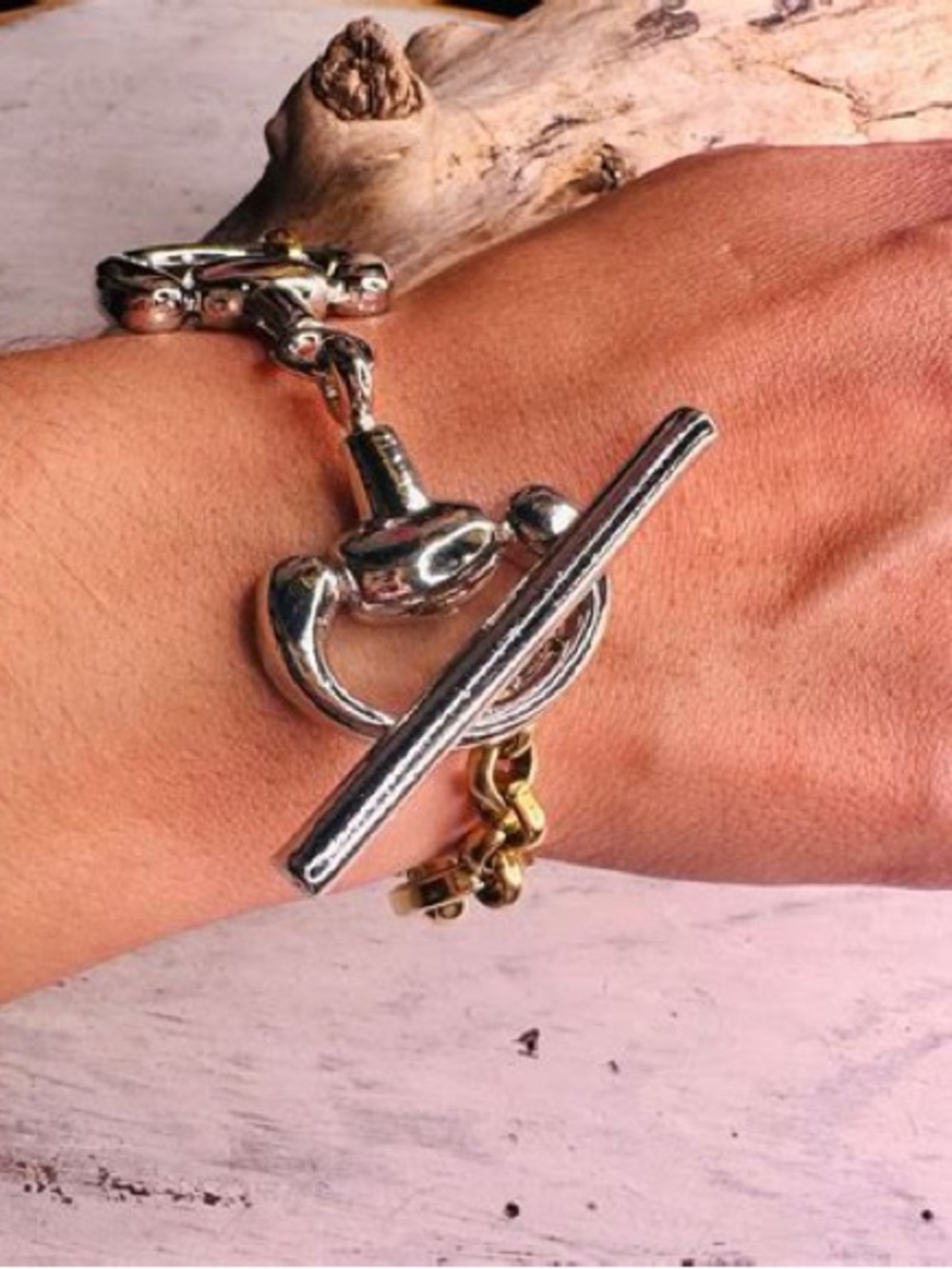 Yochi NY Two-Tone Chunky Horsebit Toggle Bracelet in Gold & Silver - Picture 3 of 8